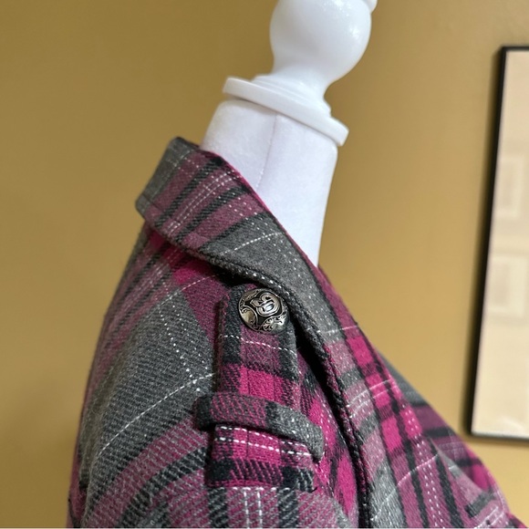 ♥️ G by Guess Pink & Gray Plaid Double-Breasted Coat — Size Medium - Picture 9 of 14